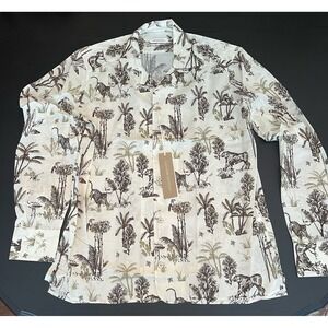 Guglielminotti NWT‎ Dress Shirt Size M White w/ Brown Jungle Print Cotton Long